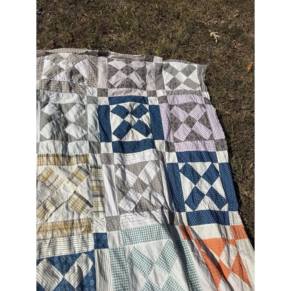Early 1900’s Hand Stitched Quilt Top Only Shirt Fabric Feed Sack Cotton 74x 61